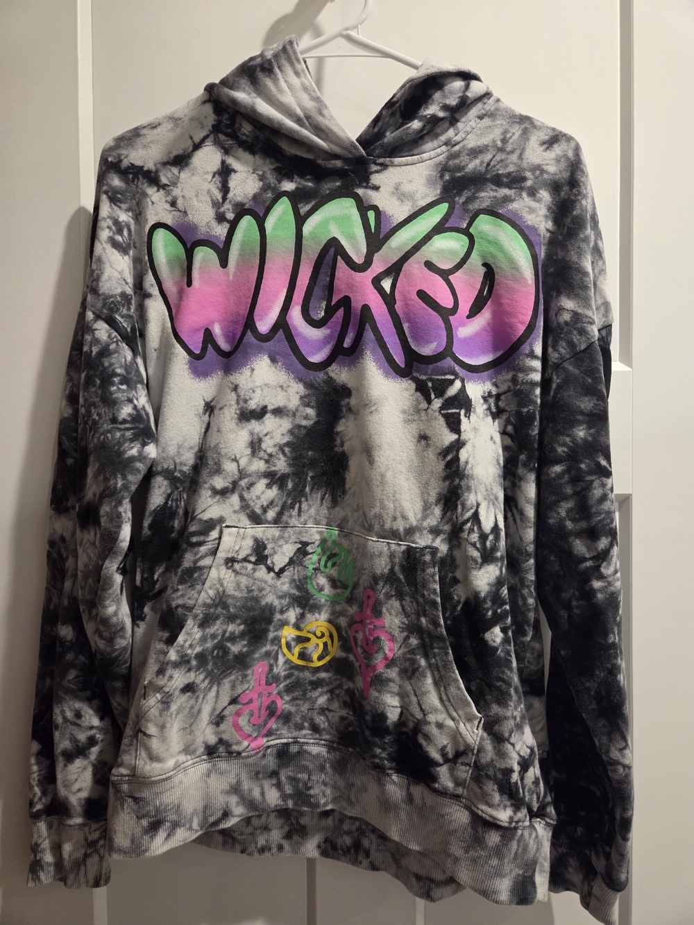 Disney Black & White Tie-Dye 'WICKED' Graphic Hoodie with Neon Accents